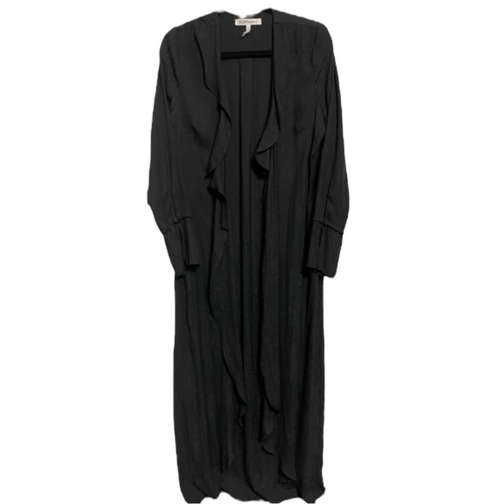 BCBGeneration Black Snake Print Ruffle Lapel Floor Length Maxi Kimono Duster